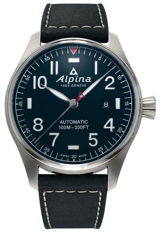 Alpina Startimer Pilot Automatic Stainless Steel Black Leather Strap Blue Dial Date Mens Watch AL - 525NN4S6 - WAB - Shipping Dept.