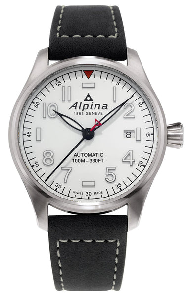 Alpina Startimer Pilot Automatic Stainless Steel Black Leather Strap White Dial Date Mens Watch AL - 525S3S6 - WAB - Shipping Dept.