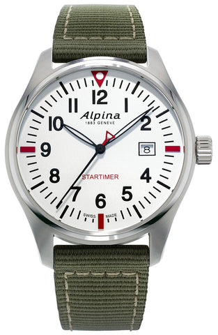 Alpina Startimer Pilot Stainless Steel Green Nylon Strap White Dial Quartz Date Mens Watch AL - 240S4S6 - WAB - Shipping Dept.