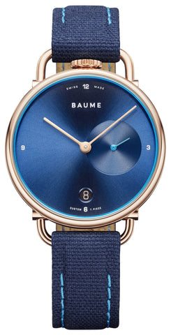 Baume & Mercier Baume Rose Gold PVD Blue Dial Blue Cotton Strap Date Quartz Mens Watch M0A10603 - WAB - Shipping Dept.