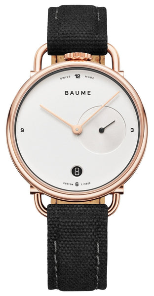 Baume & Mercier Baume Rose Gold PVD Silver Dial Black Cotton Strap Date Quartz Mens Watch M0A10687 - WAB - Shipping Dept.