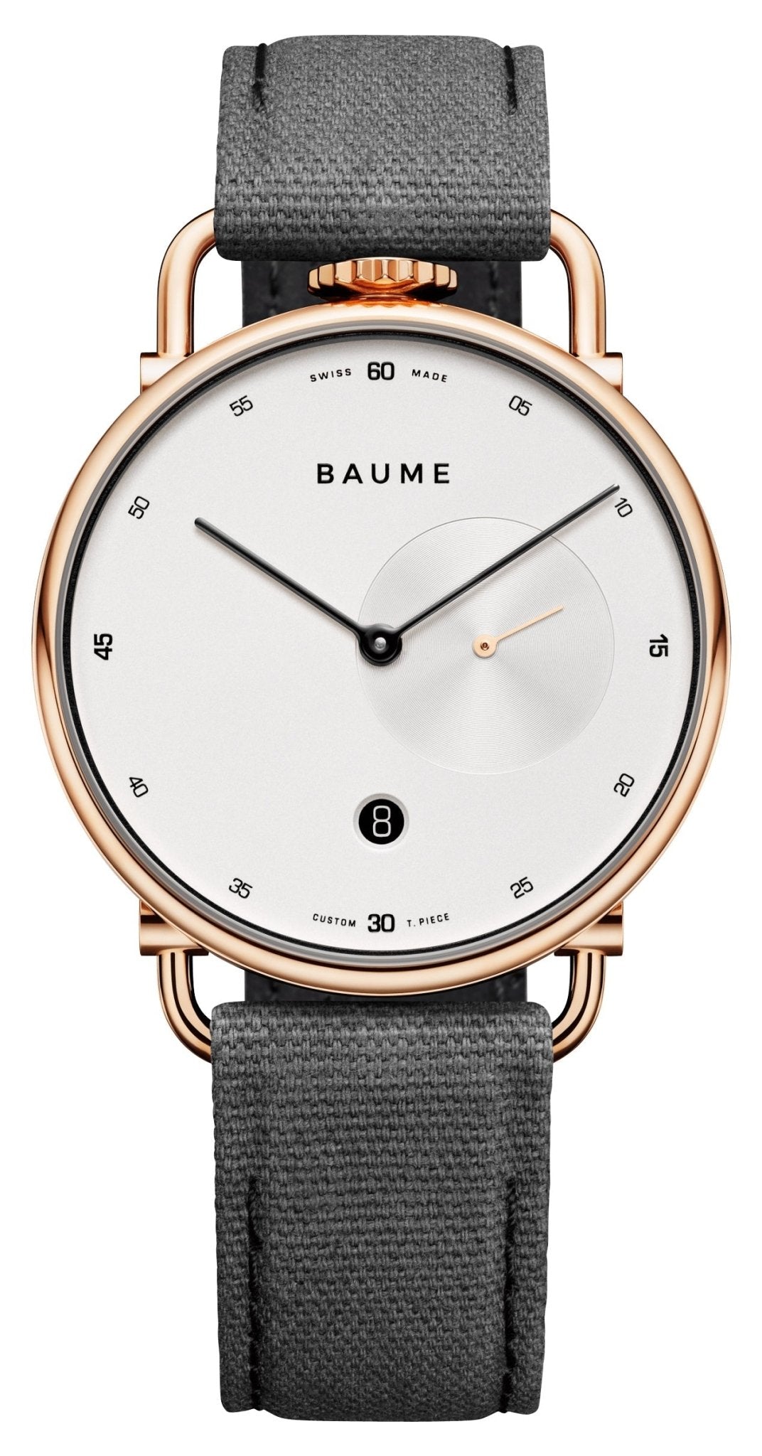 Baume & Mercier Baume Rose Gold PVD Silver Dial Gray Cotton Strap Date Quartz Mens Watch M0A10600 - WAB - Shipping Dept.