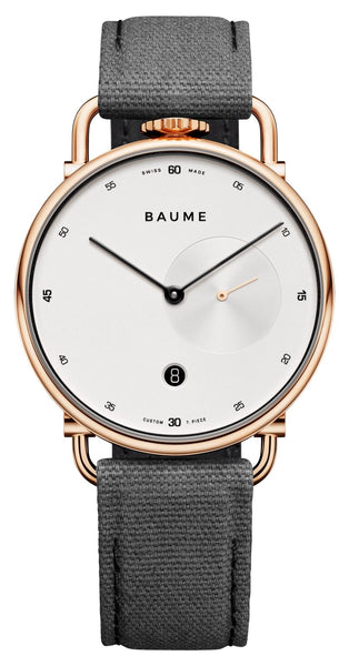 Baume & Mercier Baume Rose Gold PVD Silver Dial Gray Cotton Strap Date Quartz Mens Watch M0A10600 - WAB - Shipping Dept.