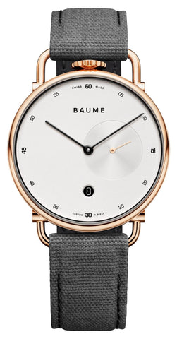 Baume & Mercier Baume Rose Gold PVD Silver Dial Gray Cotton Strap Date Quartz Mens Watch M0A10600 - WAB - Shipping Dept.