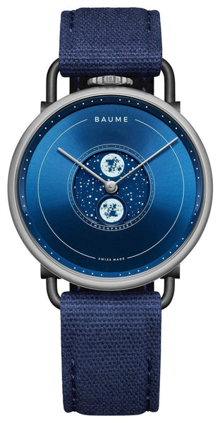 Baume & Mercier Baume Stainless Steel Blue Dial Blue Cotton Strap Moonphase Quartz Mens Watch M0A10637 - WAB - Shipping Dept.