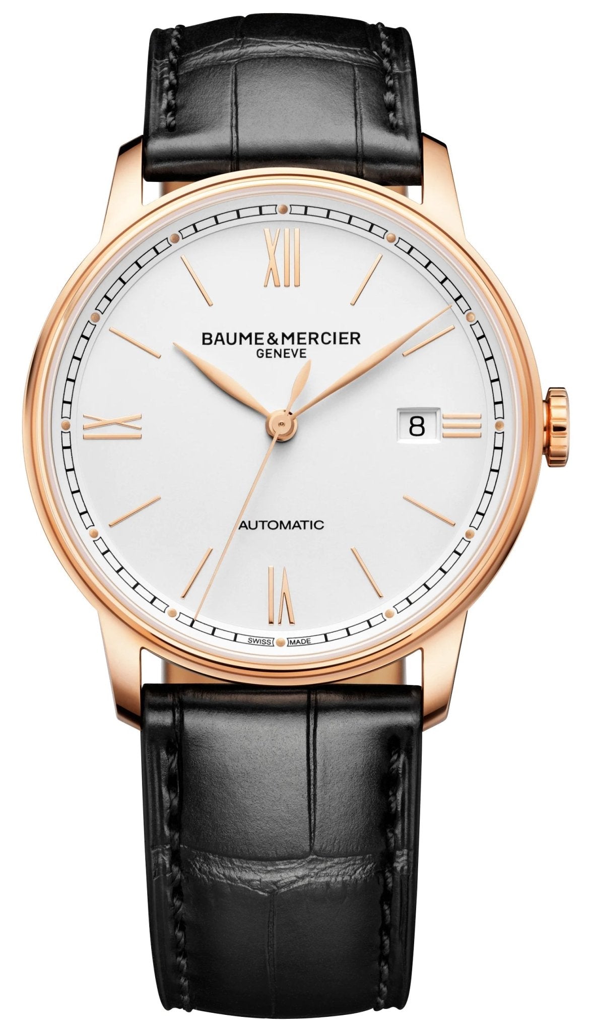 Baume & Mercier Classima Automatic 18K Pink Gold & Titanium Silver Dial Black Leather Strap Date Mens Watch M0A10597 - WAB - Shipping Dept.