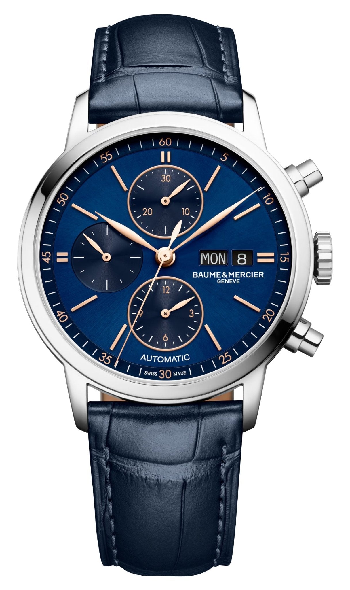 Baume & Mercier Classima Automatic Chronograph Stainless Steel Blue Dial Blue Leather Strap Day/Date Mens Watch M0A10784 - Watches & Beyond