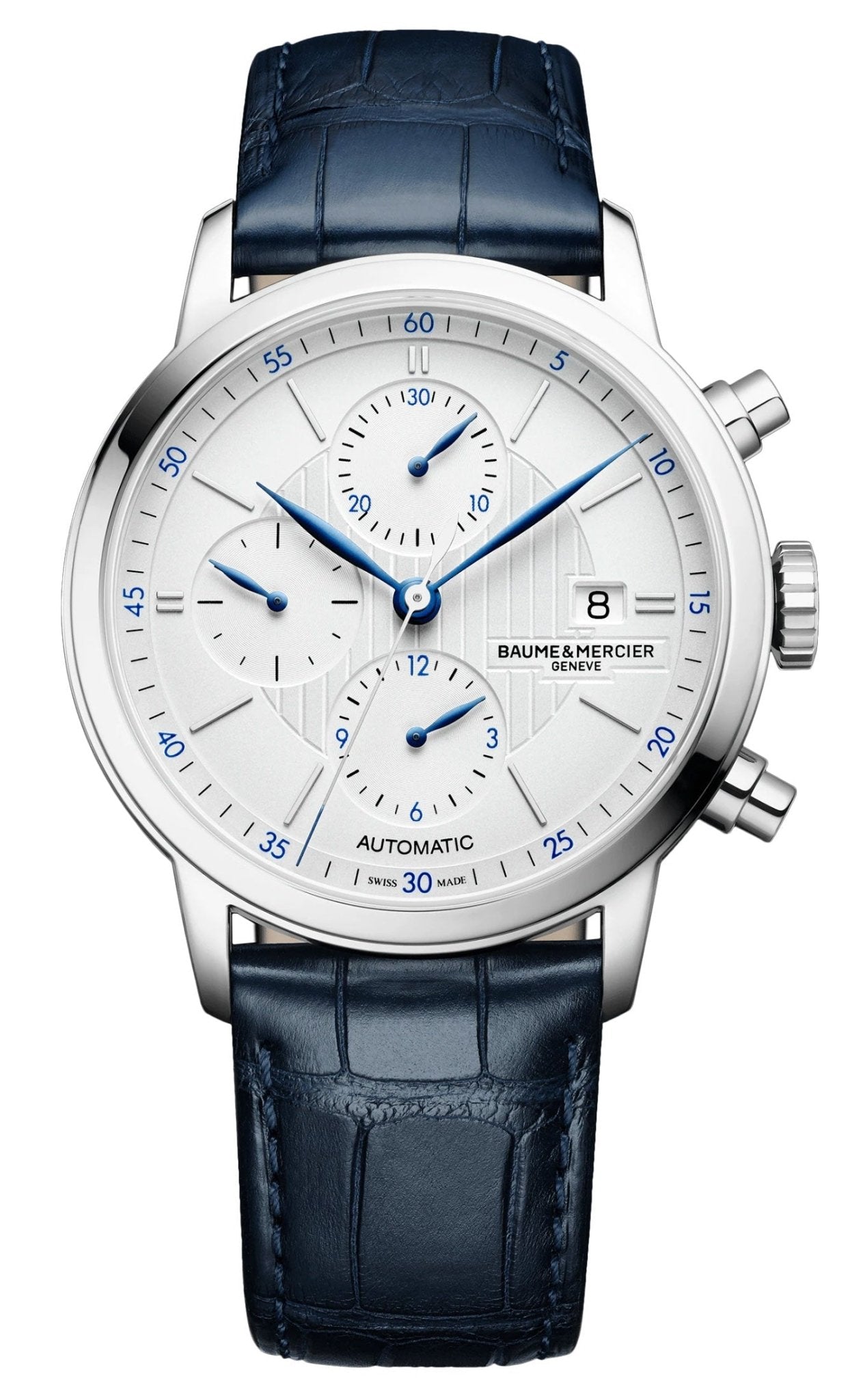 Baume & Mercier Classima Automatic Chronograph Stainless Steel Blue Leather Strap Silver Dial Date Mens Watch M0A10330 - WAB - Shipping Dept.