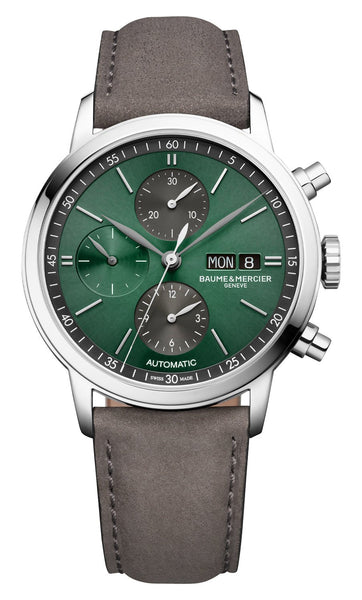 Baume & Mercier Classima Automatic Chronograph Stainless Steel Green Dial Gray Leather Strap Day/Date Mens Watch M0A10783 - Watches & Beyond
