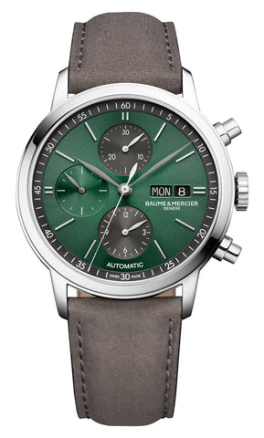 Baume & Mercier Classima Automatic Chronograph Stainless Steel Green Dial Gray Leather Strap Day/Date Mens Watch M0A10783 - Watches & Beyond