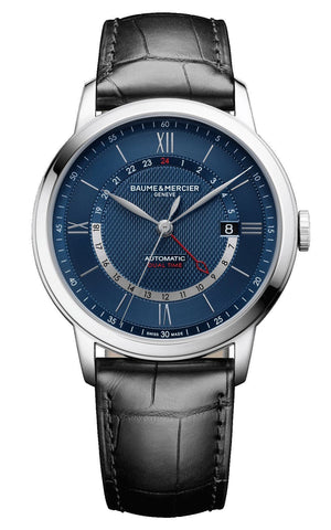 Baume & Mercier Classima Automatic GMT Steel Blue Dial Date Black Leather Strap Mens Watch M0A10482 - WAB - Shipping Dept.