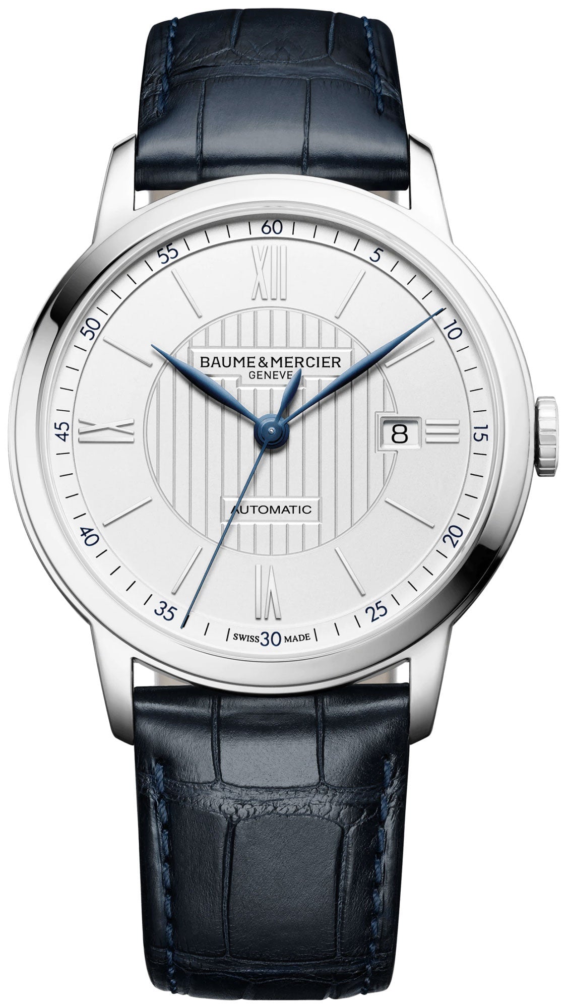 Baume & Mercier Classima Automatic Silver - Tone Dial Blue Leather Strap Date Mens Watch MOA10333 - Watches & Beyond