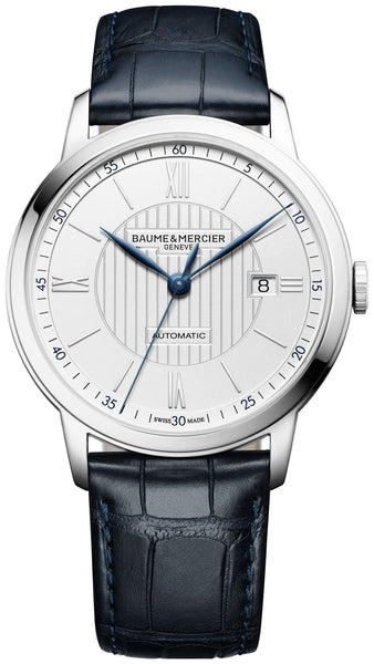 Baume & Mercier Classima Automatic Silver - Tone Dial Blue Leather Strap Date Mens Watch MOA10333 - Watches & Beyond