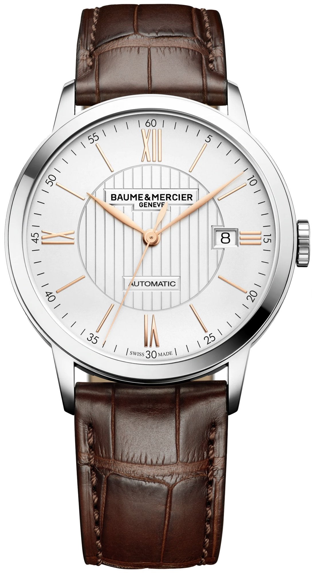 Baume & Mercier Classima Automatic Silver - Tone Dial Brown Leather Strap Date Mens Watch MOA10263 - WAB - Shipping Dept.