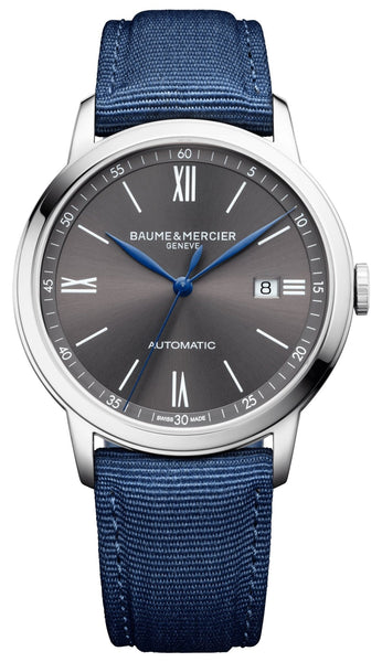 Baume & Mercier Classima Automatic Stainless Steel Gray Dial Blue Canvas Strap Date Mens Watch M0A10608 - WAB - Shipping Dept.