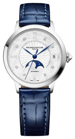 Baume & Mercier Classima Automatic Stainless Steel Mother - Of - Pearl Dial Diamonds Blue Leather Strap Moonphase Date Womens Watch M0A10633 - Watches & Beyond