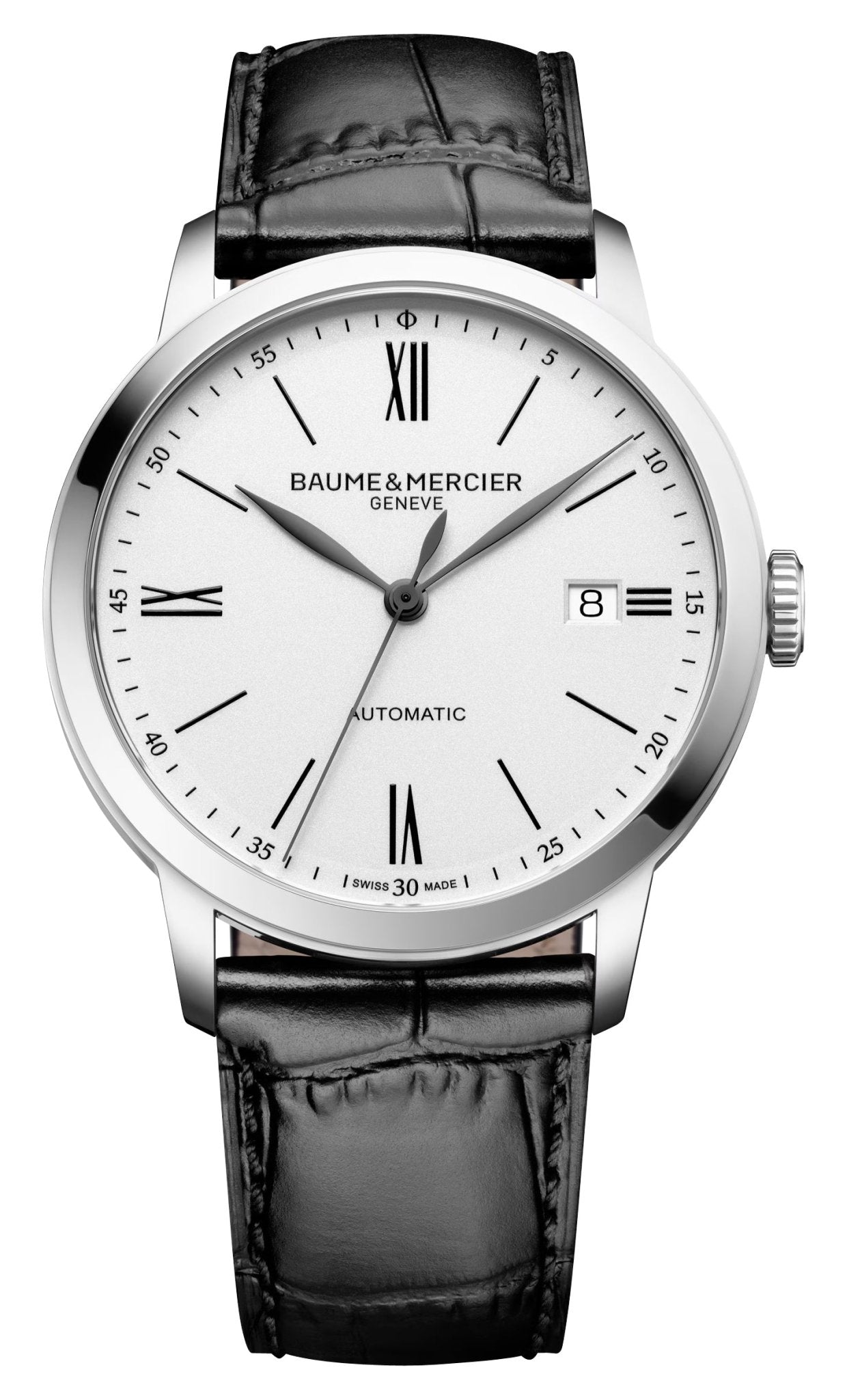 Baume & Mercier Classima Automatic Stainless Steel White Dial Black Leather Strap Date Mens Watch M0A10874 - Watches & Beyond
