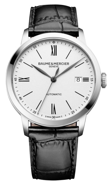 Baume & Mercier Classima Automatic Stainless Steel White Dial Black Leather Strap Date Mens Watch M0A10874 - Watches & Beyond