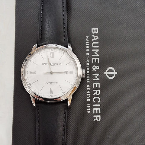 Baume & Mercier Classima Automatic White Dial Black Leather Strap Date Mens Watch MOA10332 - Watches & Beyond