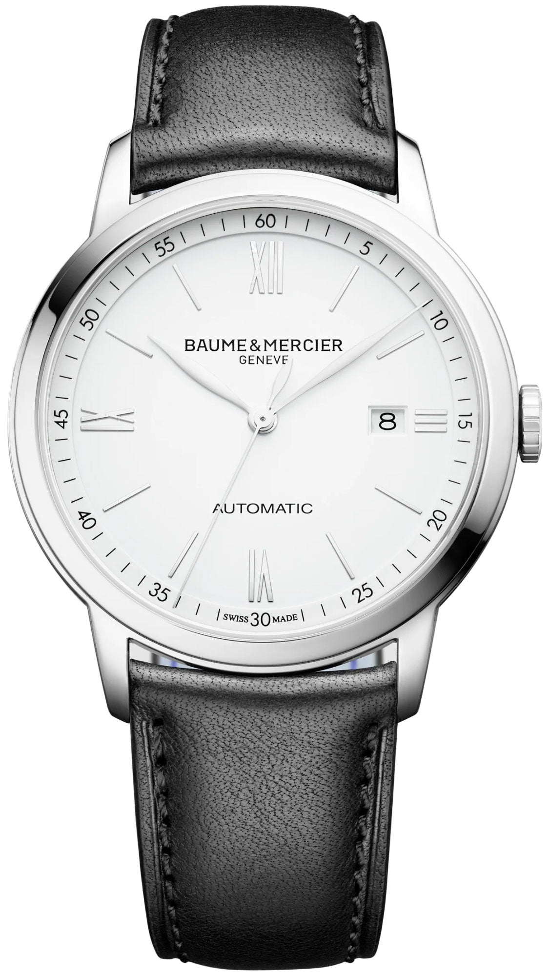 Baume & Mercier Classima Automatic White Dial Black Leather Strap Date Mens Watch MOA10332 - WAB - Shipping Dept.