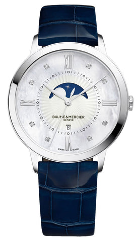 Baume & Mercier Classima Mother - Of - Pearl Dial Diamonds Blue Leather Strap Moonphase Date Quartz Womens Watch MOA10226 - WAB - Shipping Dept.