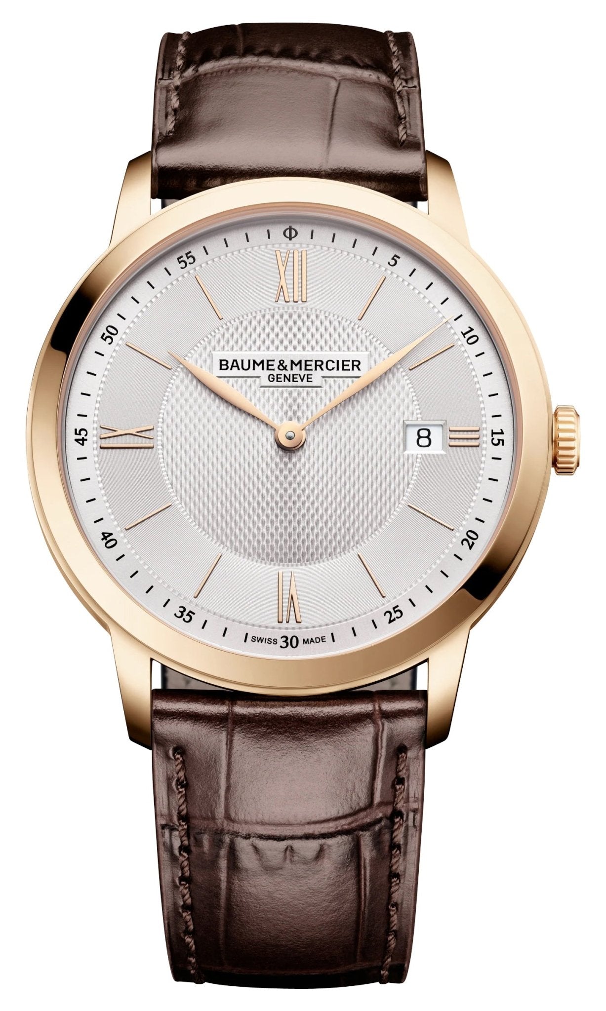 Baume & Mercier Classima Rose Gold PVD Silver Dial Brown Leather Strap Date Quartz Mens Watch M0A10857 - Watches & Beyond