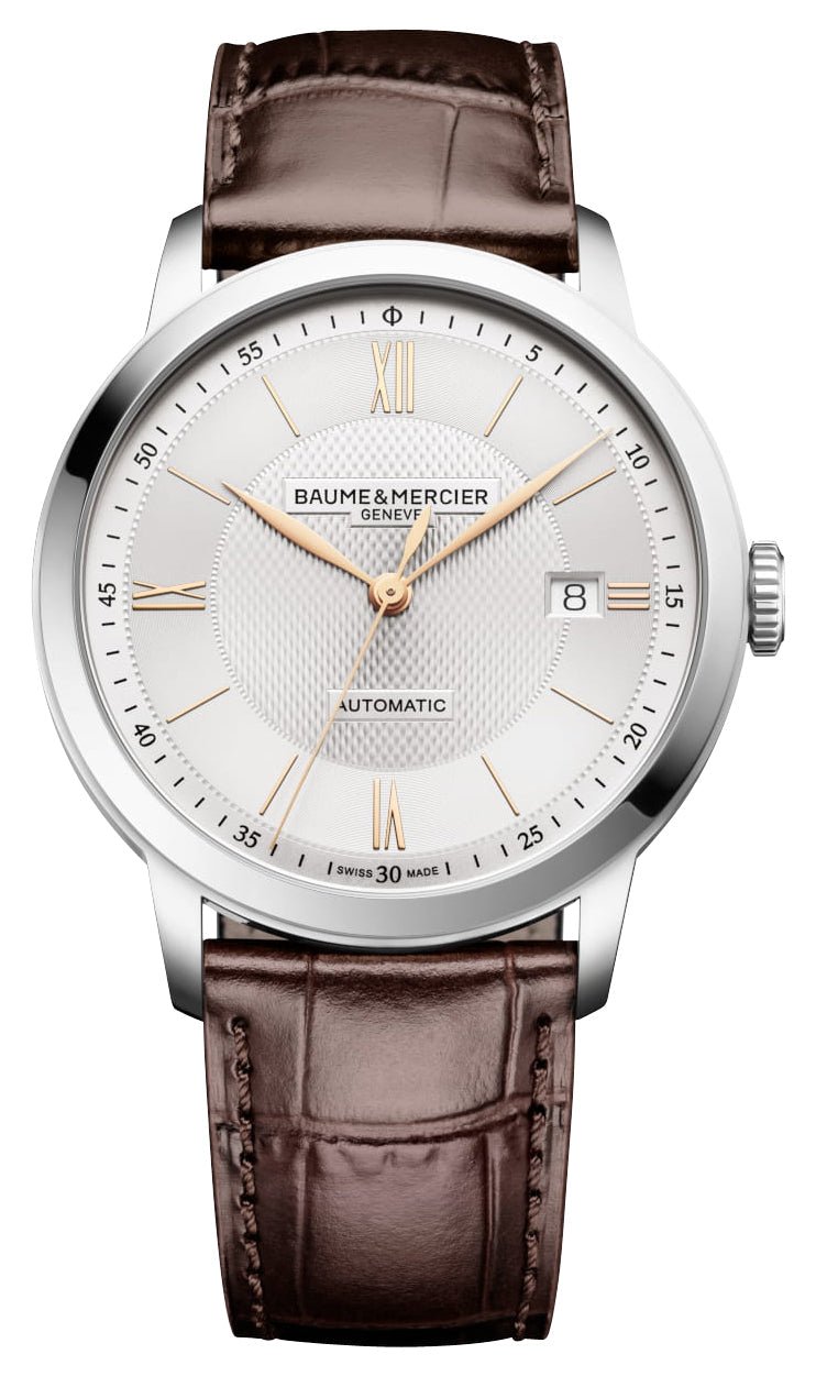 Baume & Mercier Classima Rose Gold PVD Silver Dial Brown Leather Strap Date Quartz Mens Watch M0A10857 - Watches & Beyond