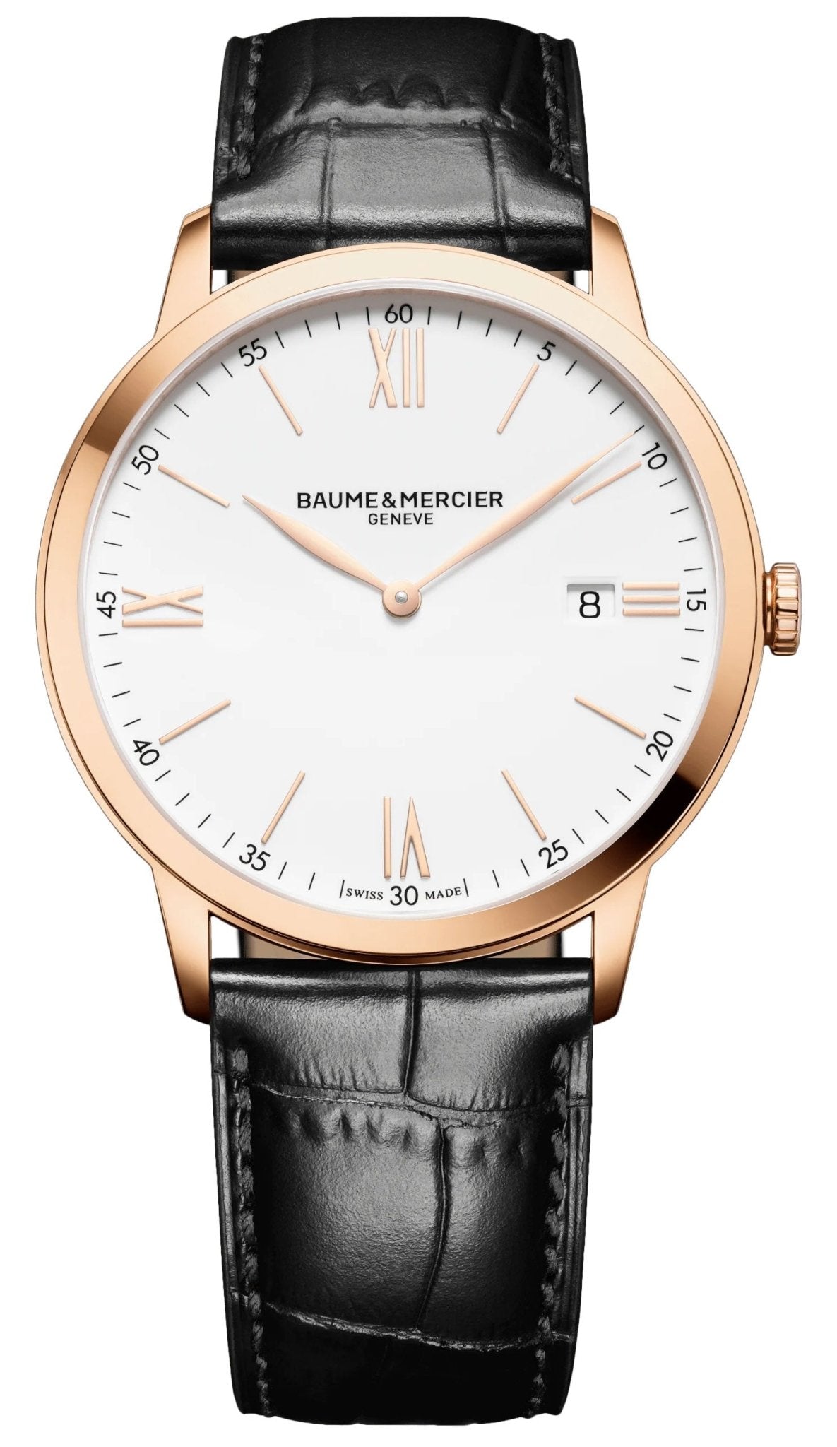 Baume & Mercier Classima Rose Gold PVD White Dial Black Leather Strap Date Quartz Mens Watch M0A10441 - WAB - Shipping Dept.