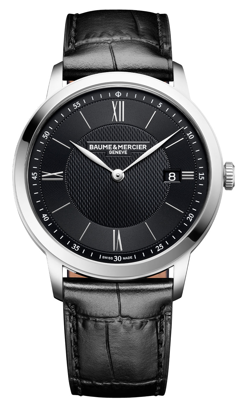 Baume & Mercier Classima Stainless Steel Black Dial Black Leather Strap Date Quartz Mens Watch M0A10881 - Watches & Beyond