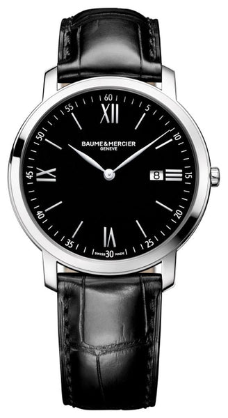 Baume & Mercier Classima Stainless Steel Black Dial Black Leather Strap Date Quartz Mens Watch MOA10098 - WAB - Shipping Dept.