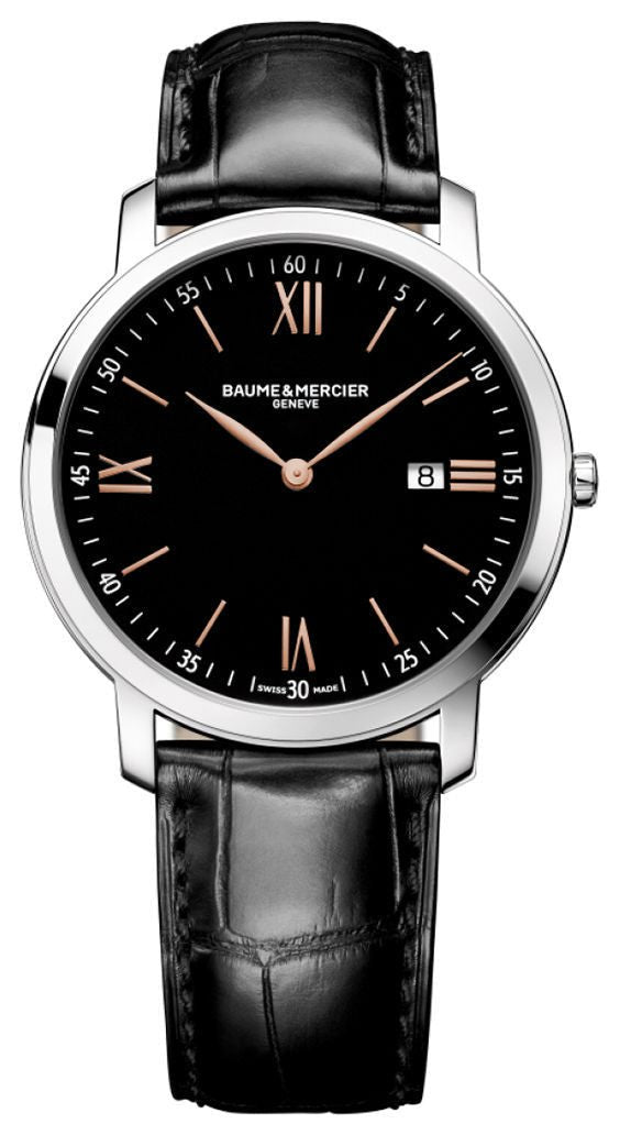 Baume & Mercier Classima Stainless Steel Black Dial Black Leather Strap Date Quartz Mens Watch MOA10127 - Watches & Beyond