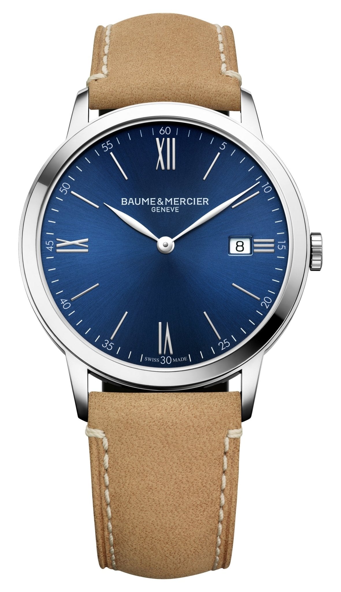 Baume & Mercier Classima Stainless Steel Blue Dial Brown Leather Strap Date Quartz Mens Watch M0A10385 - Watches & Beyond