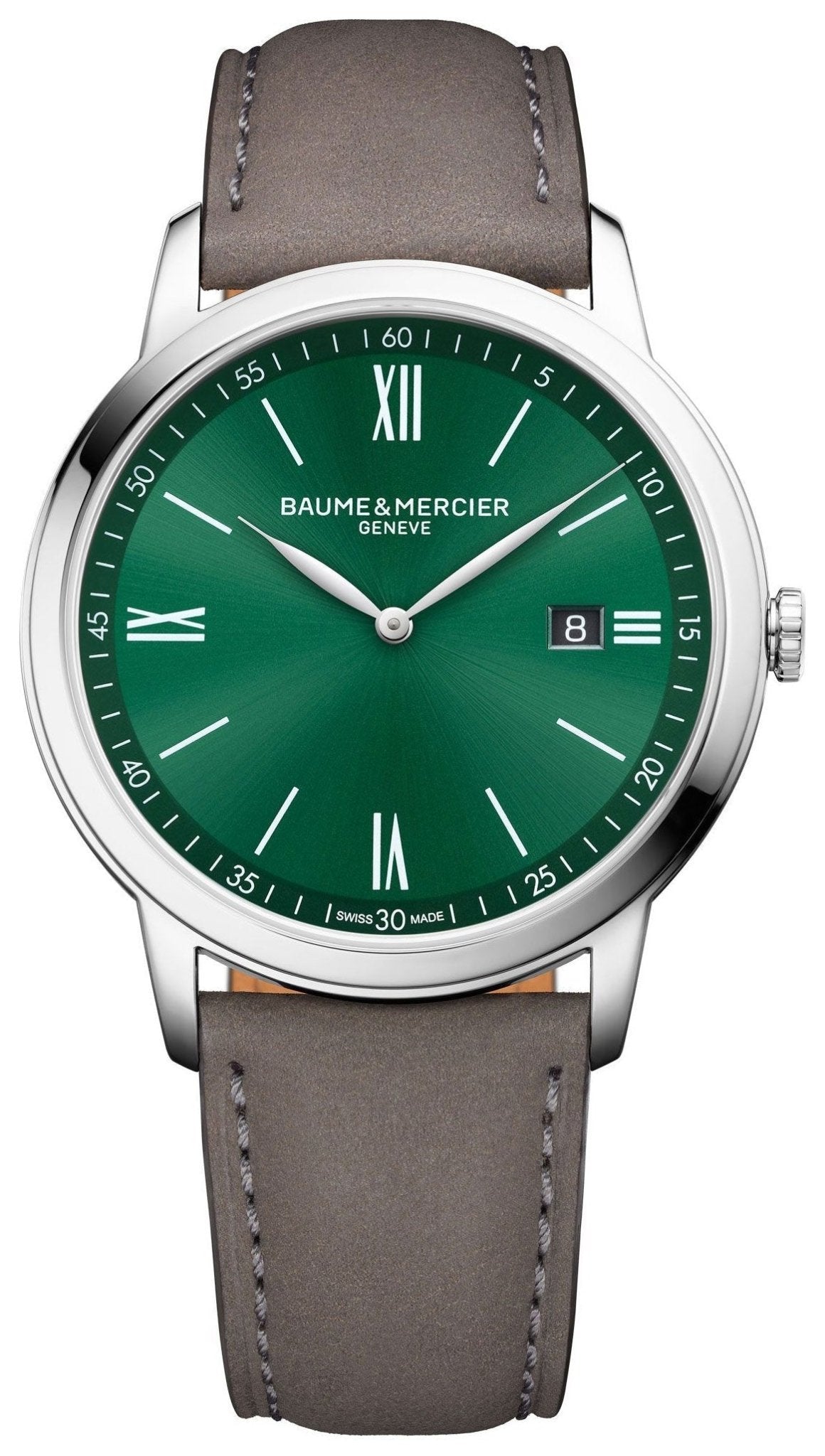 Baume & Mercier Classima Stainless Steel Green Dial Gray Brown Leather Date Quartz Mens Watch M0A10607 - WAB - Shipping Dept.