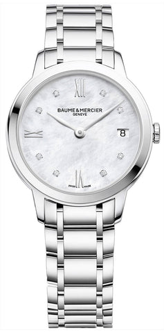 Baume & Mercier Classima Stainless Steel Mother - of - Pearl Dial Diamonds Date Quartz Womens Watch MOA10326 - WAB - Shipping Dept.