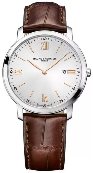 Baume & Mercier Classima Stainless Steel Silver Dial Brown Leather Strap Date Quartz Mens Watch M0A10128 - Watches & Beyond