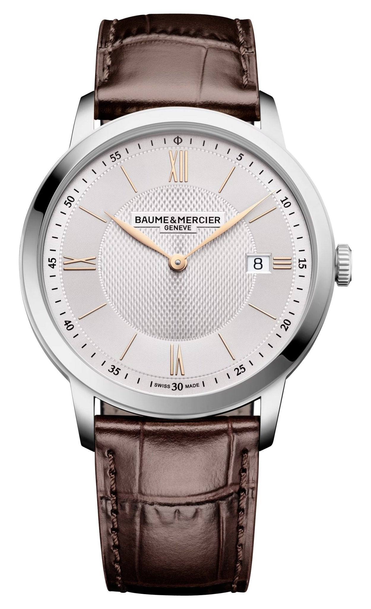 Baume & Mercier Classima Stainless Steel Silver Dial Brown Leather Strap Date Quartz Mens Watch M0A10882 - Watches & Beyond