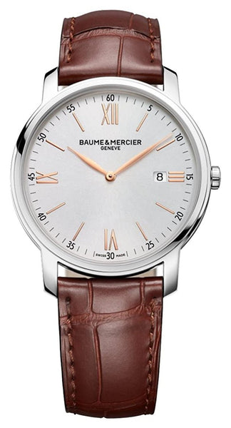 Baume & Mercier Classima Stainless Steel Silver Dial Brown Leather Strap Date Quartz Mens Watch MOA10144 - WAB - Shipping Dept.