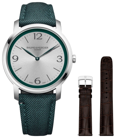 Baume & Mercier Classima Stainless Steel Silver Dial Green Fabric Interchangeable Brown Leather Strap Quartz Mens Watch M0A10705 - WAB - Shipping Dept.