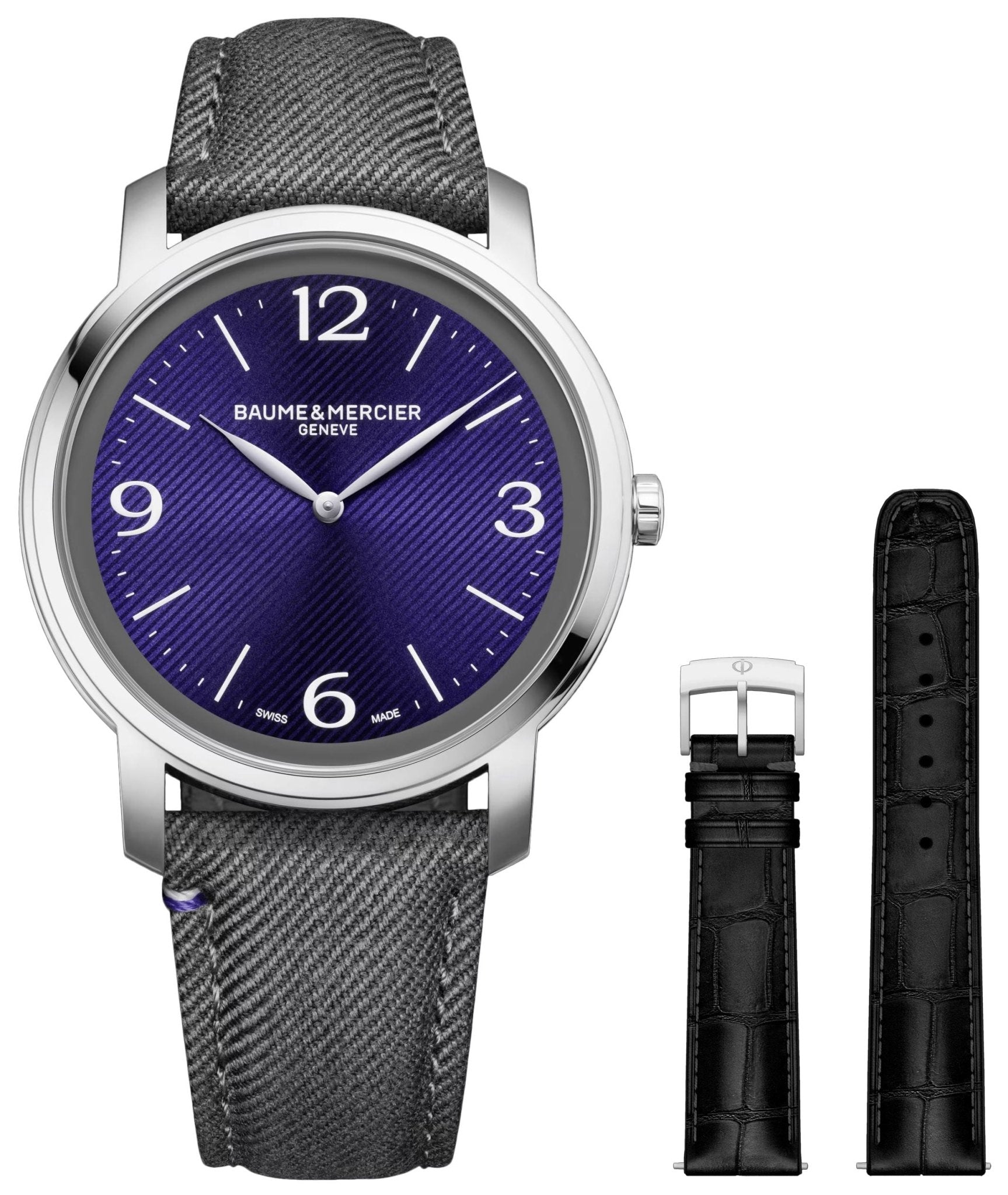 Baume & Mercier Classima Stainless Steel Violet Dial Gray Fabric Interchangeable Black Leather Strap Quartz Mens Watch M0A10706 - WAB - Shipping Dept.