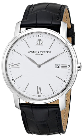 Baume & Mercier Classima Stainless Steel White Dial Black Leather Strap Date Quartz Mens Watch M0A08485 - WAB - Shipping Dept.