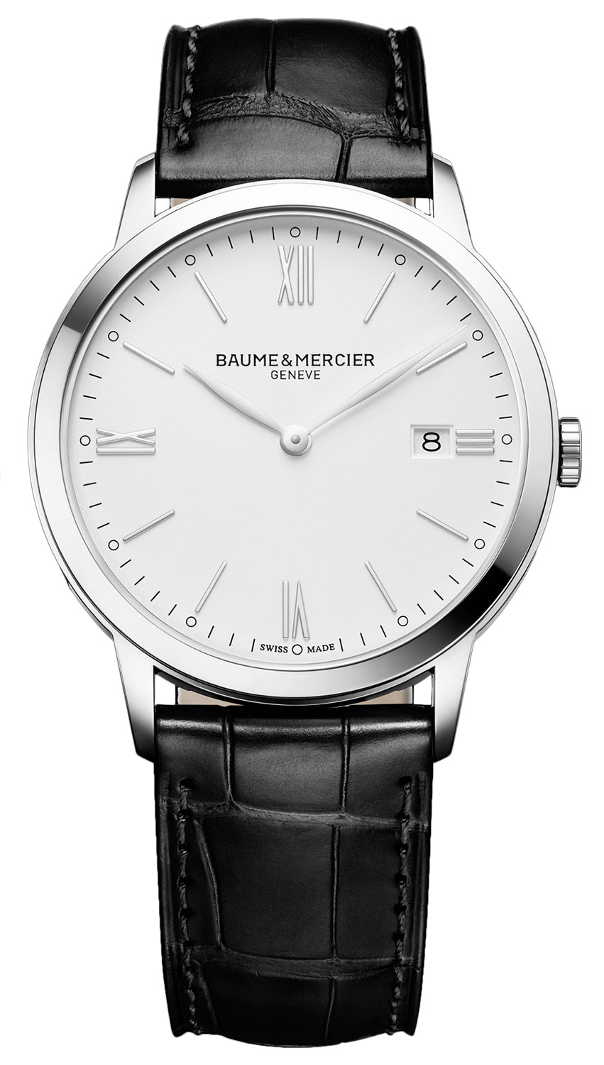 Baume & Mercier Classima Stainless Steel White Dial Black Leather Strap Date Quartz Mens Watch M0A10323 - Watches & Beyond