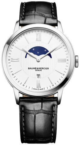 Baume & Mercier Classima White Dial Black Leather Strap Moonphase Date Quartz Mens Watch MOA10219 - WAB - Shipping Dept.