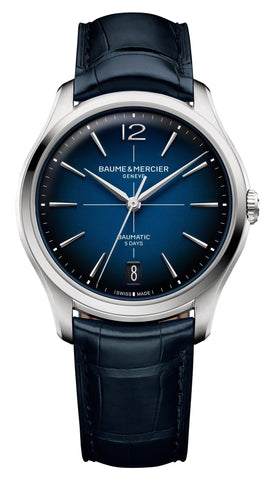 Baume & Mercier Clifton Baumatic Automatic Stainless Steel Blue Dial Blue Leather Strap Date Mens Watch M0A10771 - Watches & Beyond