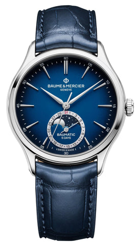 Baume & Mercier Clifton Baumatic Automatic Stainless Steel Blue Dial Blue Leather Strap Moonphase Date Mens Watch M0A10756 - Watches & Beyond