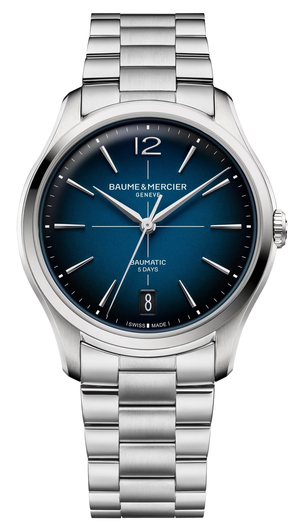 Baume & Mercier Clifton Baumatic Automatic Stainless Steel Blue Dial Date Mens Watch M0A10792 - Watches & Beyond