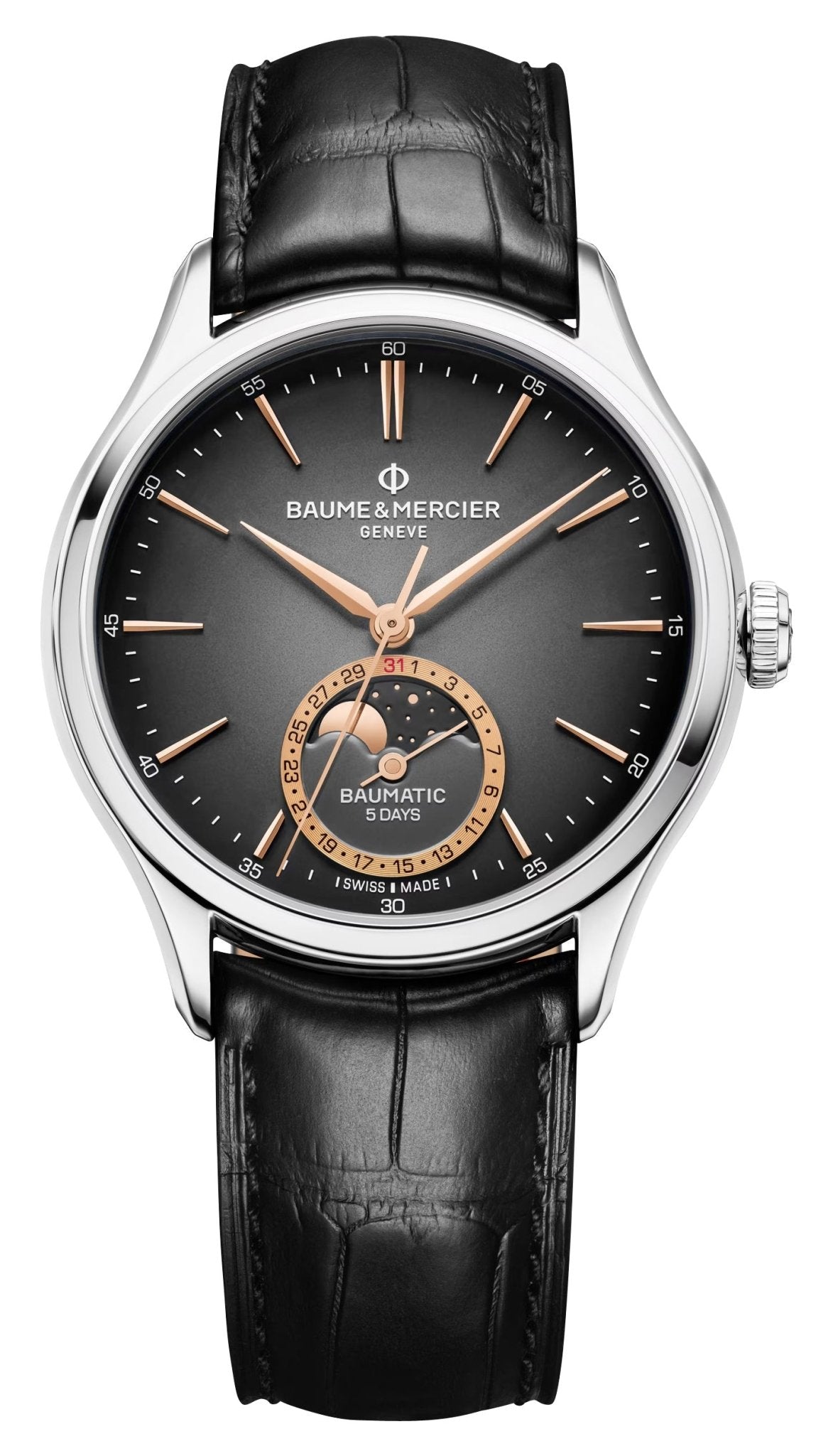 Baume & Mercier Clifton Baumatic Automatic Stainless Steel Gray Dial Black Leather Strap Moonphase Date Mens Watch M0A10758 - Watches & Beyond