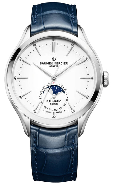 Baume & Mercier Clifton Baumatic Automatic Stainless Steel White Dial Blue Leather Strap Moonphase Date Mens Watch M0A10549 - WAB - Shipping Dept.