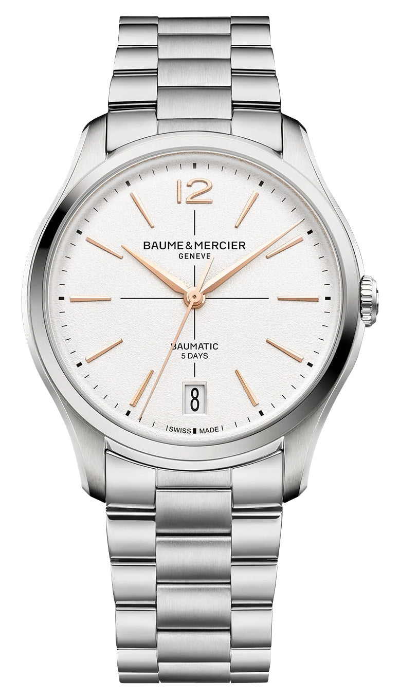 Baume & Mercier Clifton Baumatic Automatic Stainless Steel White Dial Date Mens Watch M0A10793 - Watches & Beyond