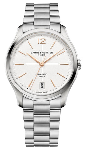 Baume & Mercier Clifton Baumatic Automatic Stainless Steel White Dial Date Mens Watch M0A10793 - Watches & Beyond