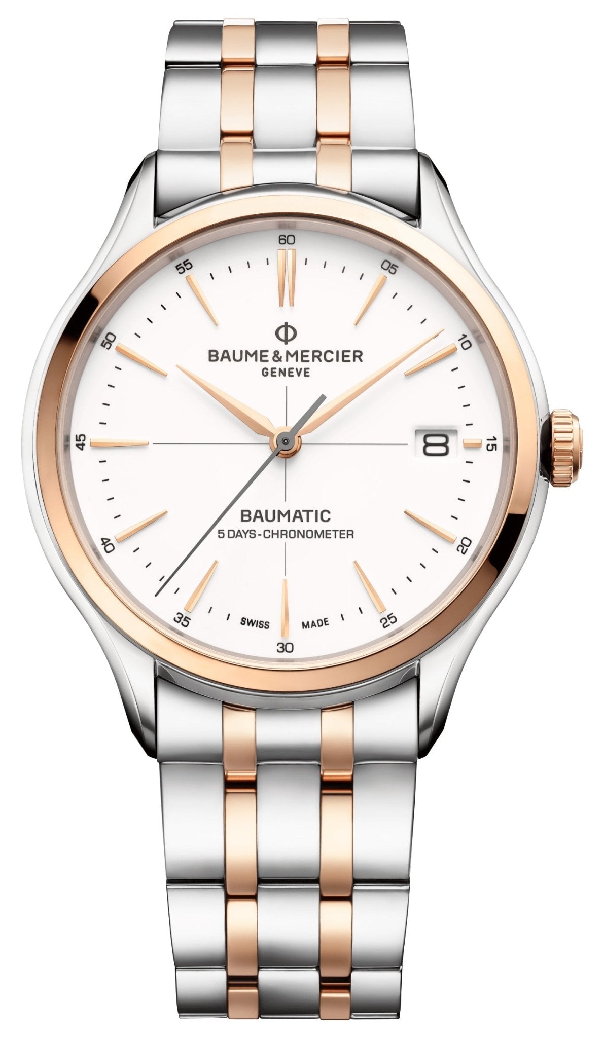 Baume & Mercier Clifton Baumatic COSC Automatic 18K Rose Gold & Steel White Dial Date Mens Watch M0A10458 - WAB - Shipping Dept.